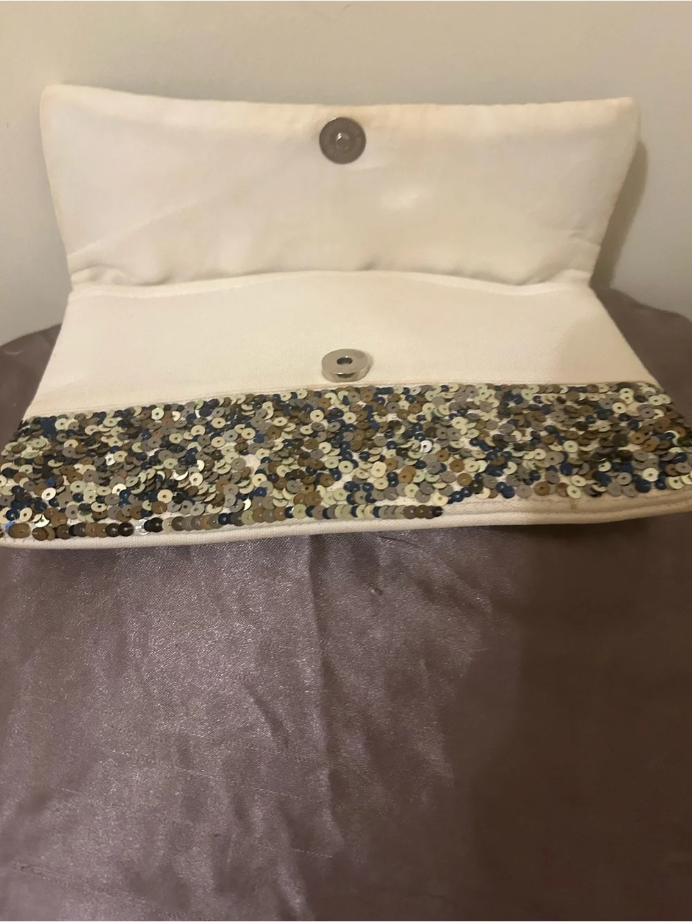 Evil Eye Fold-Over Cream Canvas Clutch W/Silver and Blue Sequins Crossbody strap